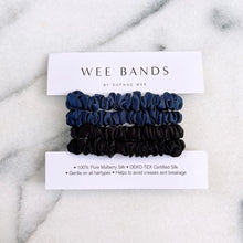 Load image into Gallery viewer, 100% Pure Mulberry Silk Hair Scrunchies - Black &amp; Navy
